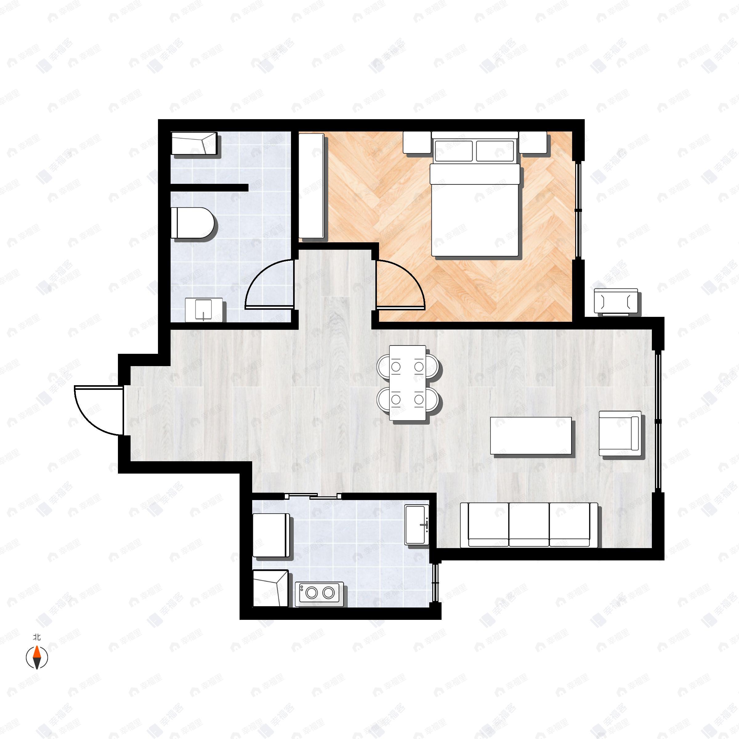 1室2厅1卫建面60m²东户型图