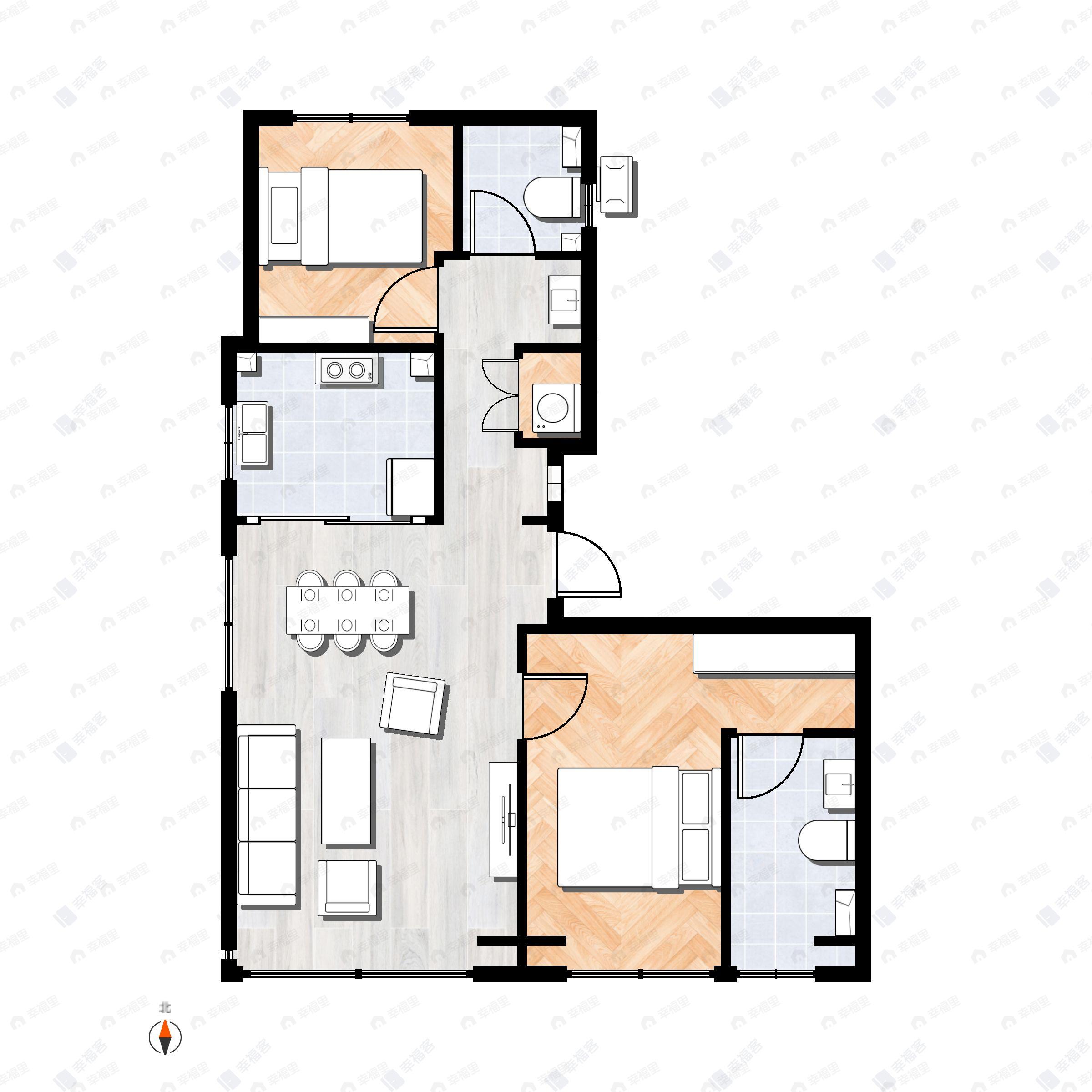 2室2厅2卫建面123m²北|南户型图