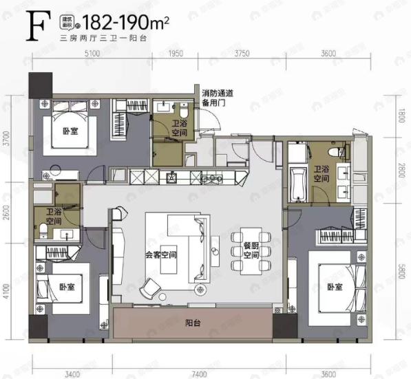 合景J3003室2厅3卫户型图