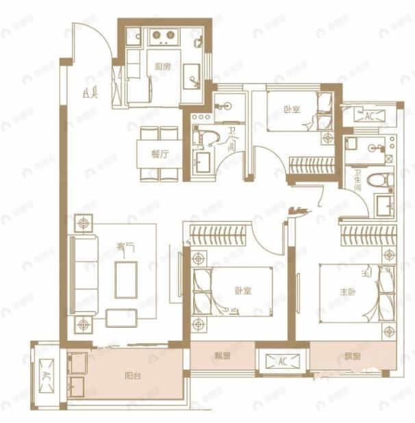富田城九鼎公馆3室2厅2卫户型图