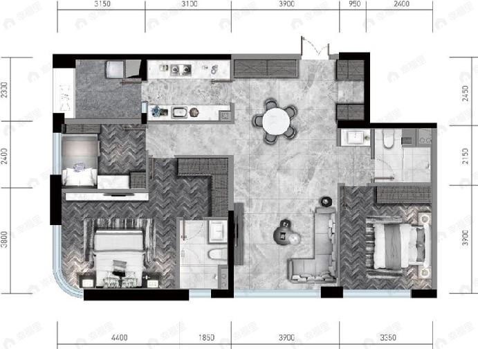 万科翡翠都会3室2厅2卫户型图