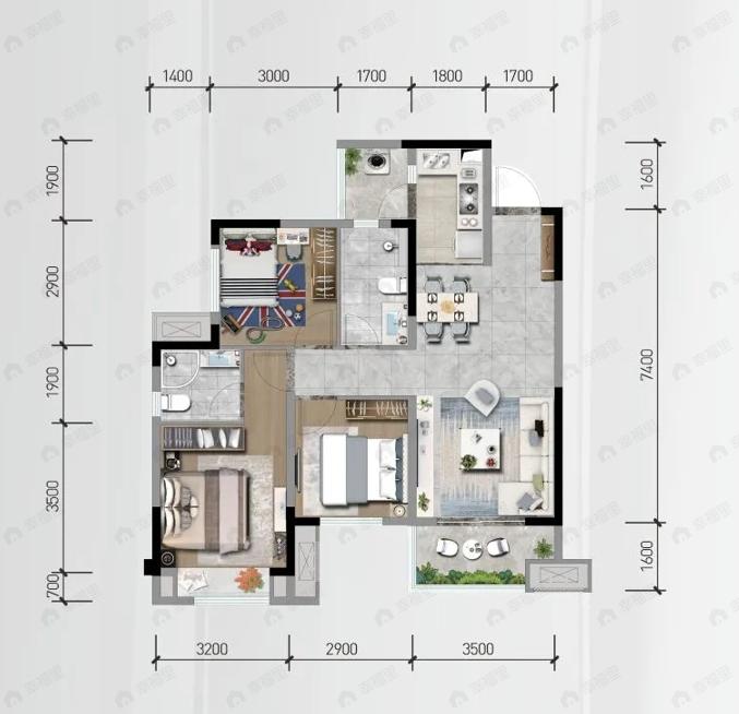 中梁御璟台3室2厅2卫户型图