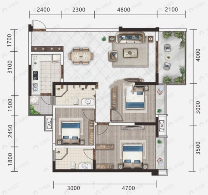 3室2厅2卫建面121平东户型图