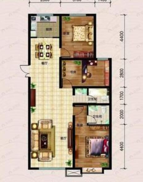东方天城3室2厅2卫户型图