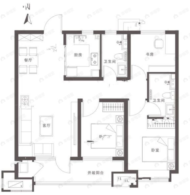 保利源诚领秀海3室2厅2卫户型图