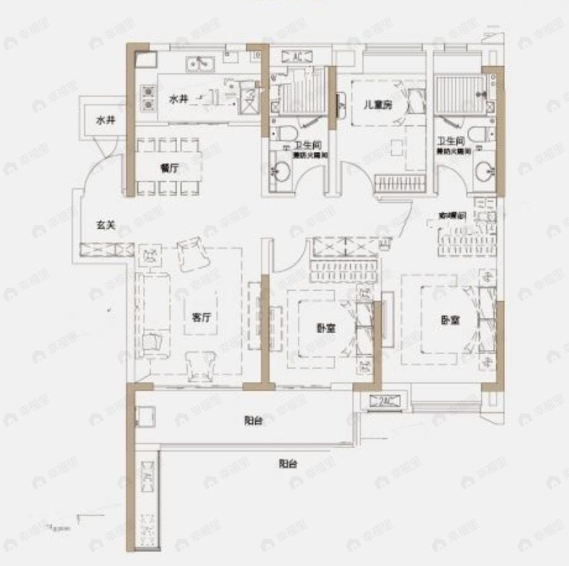 3室2厅2卫建面122平户型图