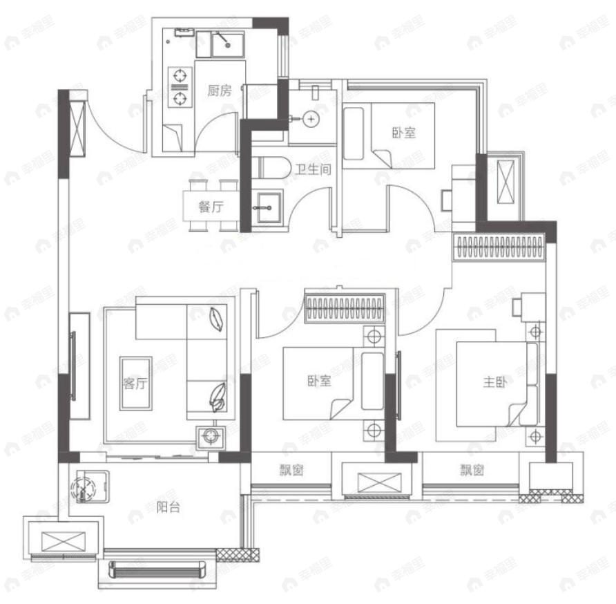 华地学府公园3室2厅1卫户型图