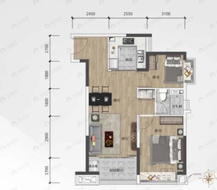 恒大金融广场2室2厅1卫户型图