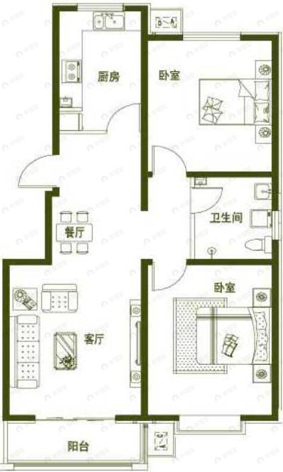 2室2厅1卫建面97平东|南|北户型图
