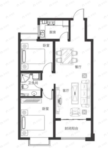 大都汇玺元2室2厅1卫户型图