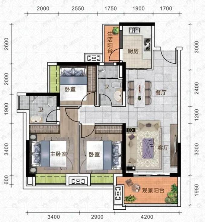 华源城3室2厅2卫户型图