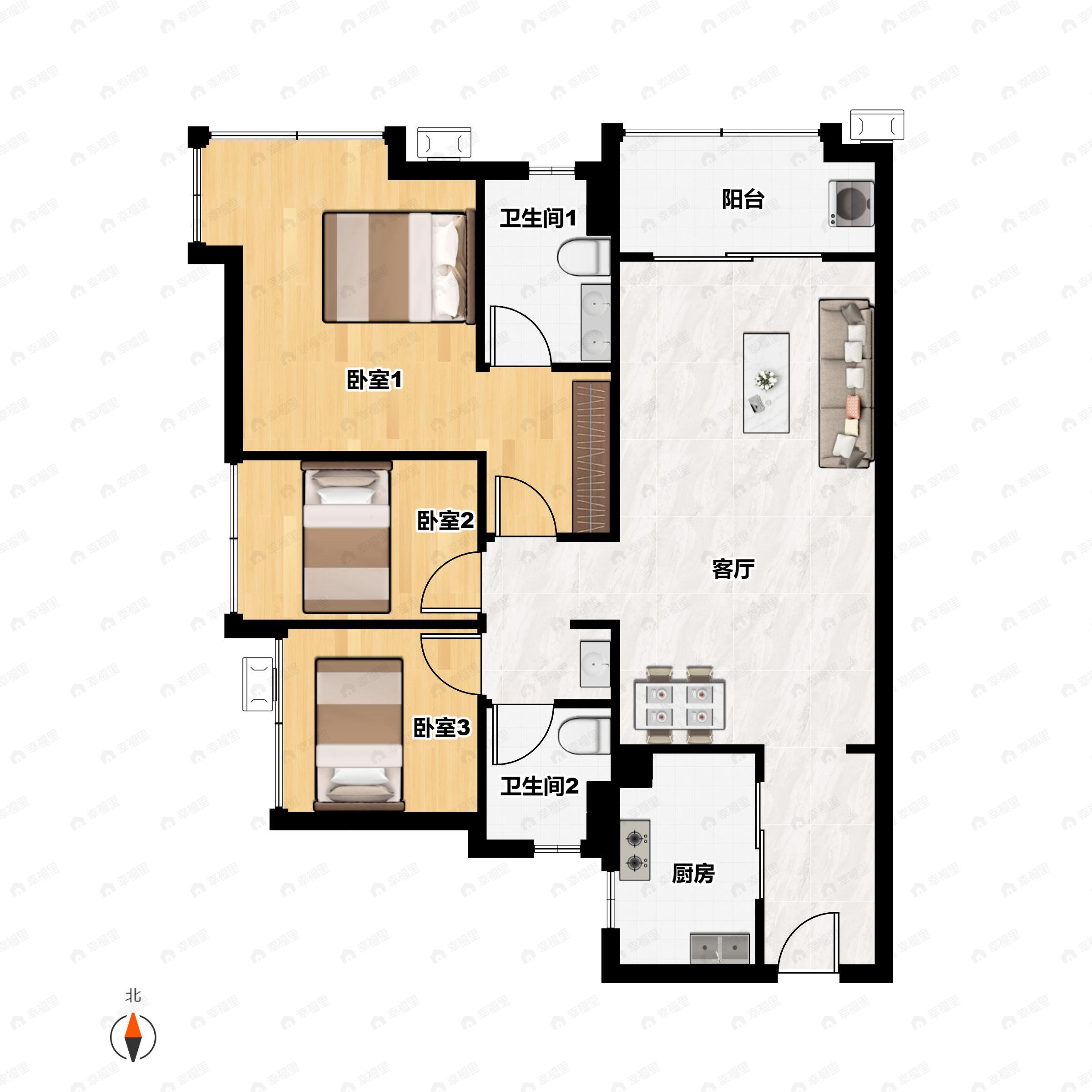 3室2厅2卫建面89平户型图