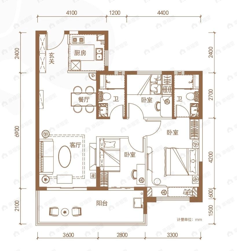 碧桂园海棠盛世3室2厅2卫户型图
