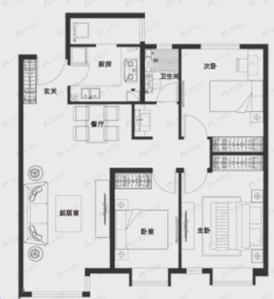富力新城3室2厅1卫户型图