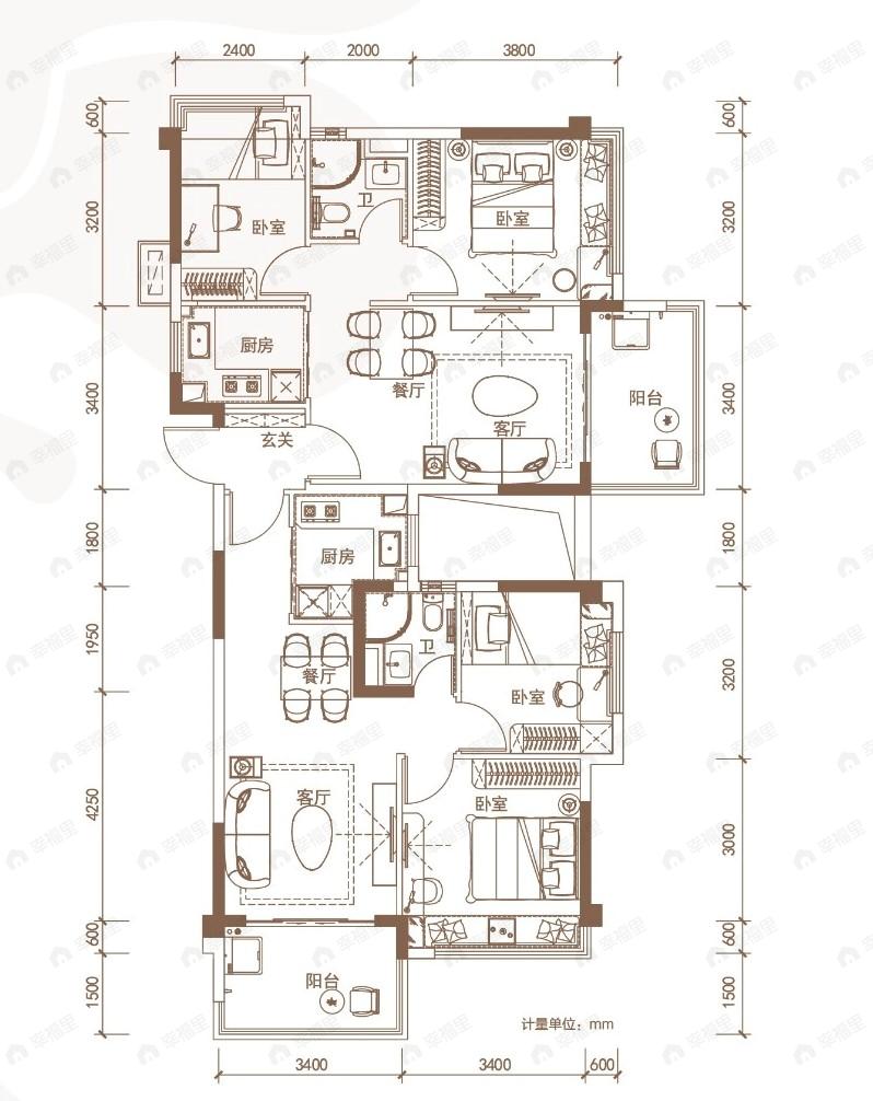 4室4厅2卫建面132平户型图