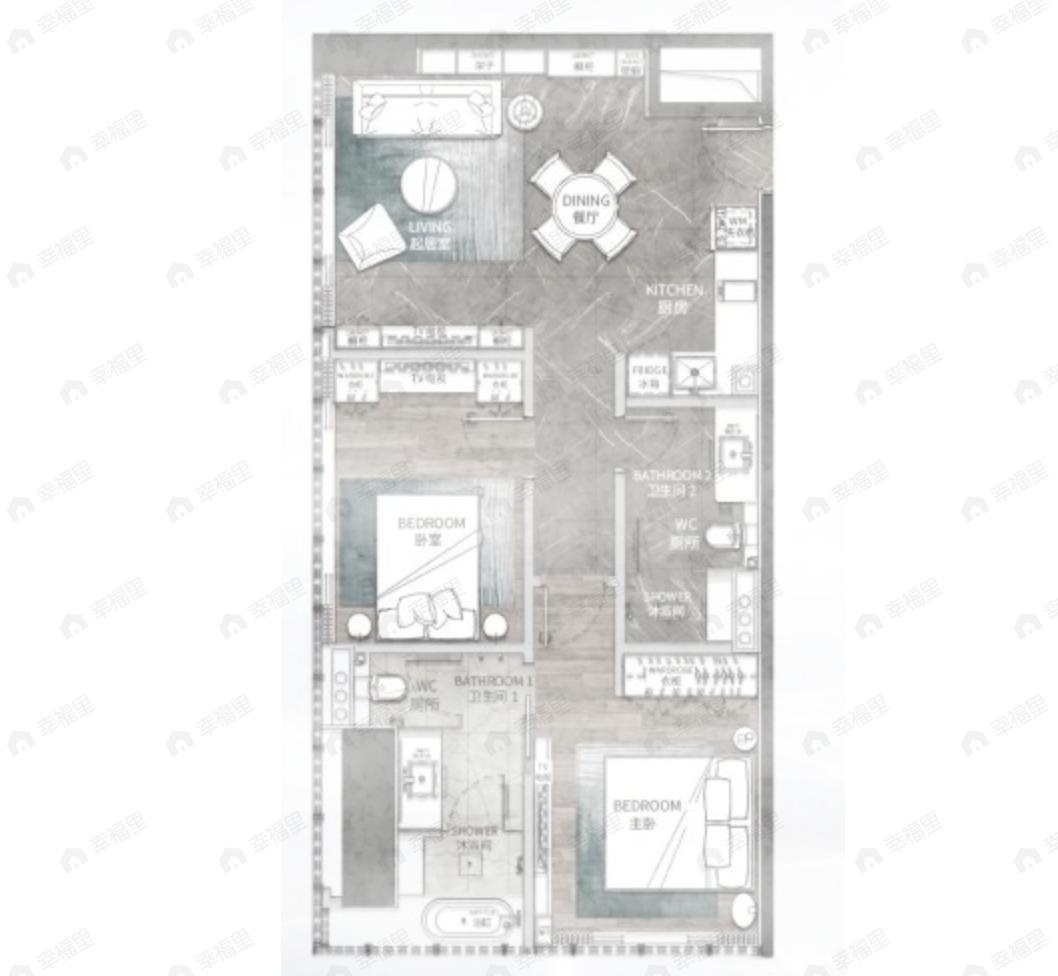 嘉裕中心J公馆2室2厅2卫户型图