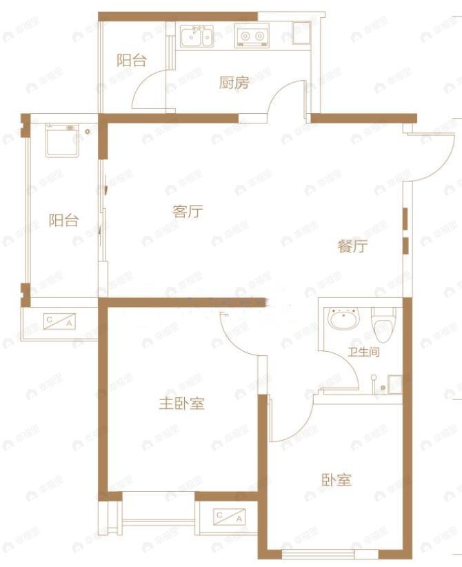 沣景国际2室2厅1卫户型图