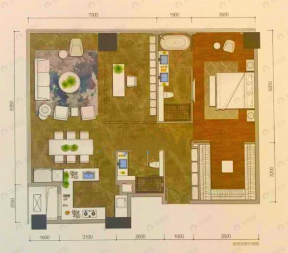 观音桥龙湖新壹街1室2厅2卫户型图
