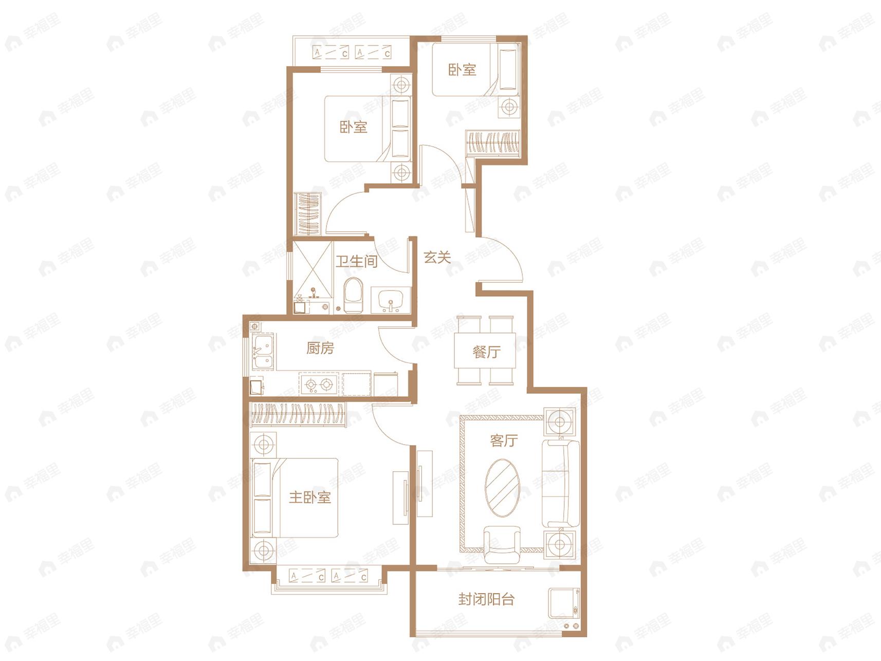恒大上和府3室2厅1卫户型图