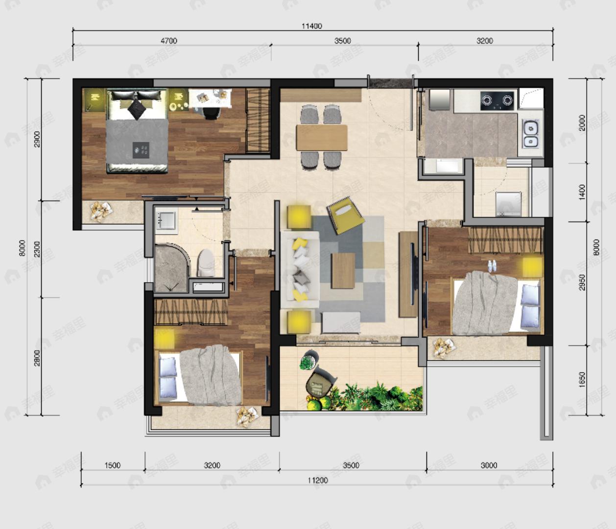凯德双桥8号3室2厅1卫户型图