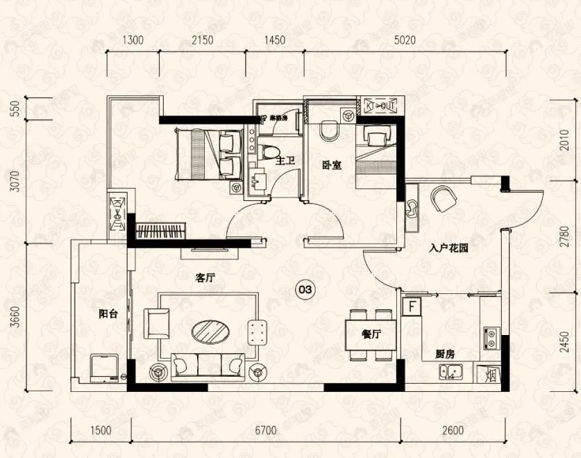 珠岛花园金湾明珠2室2厅1卫户型图