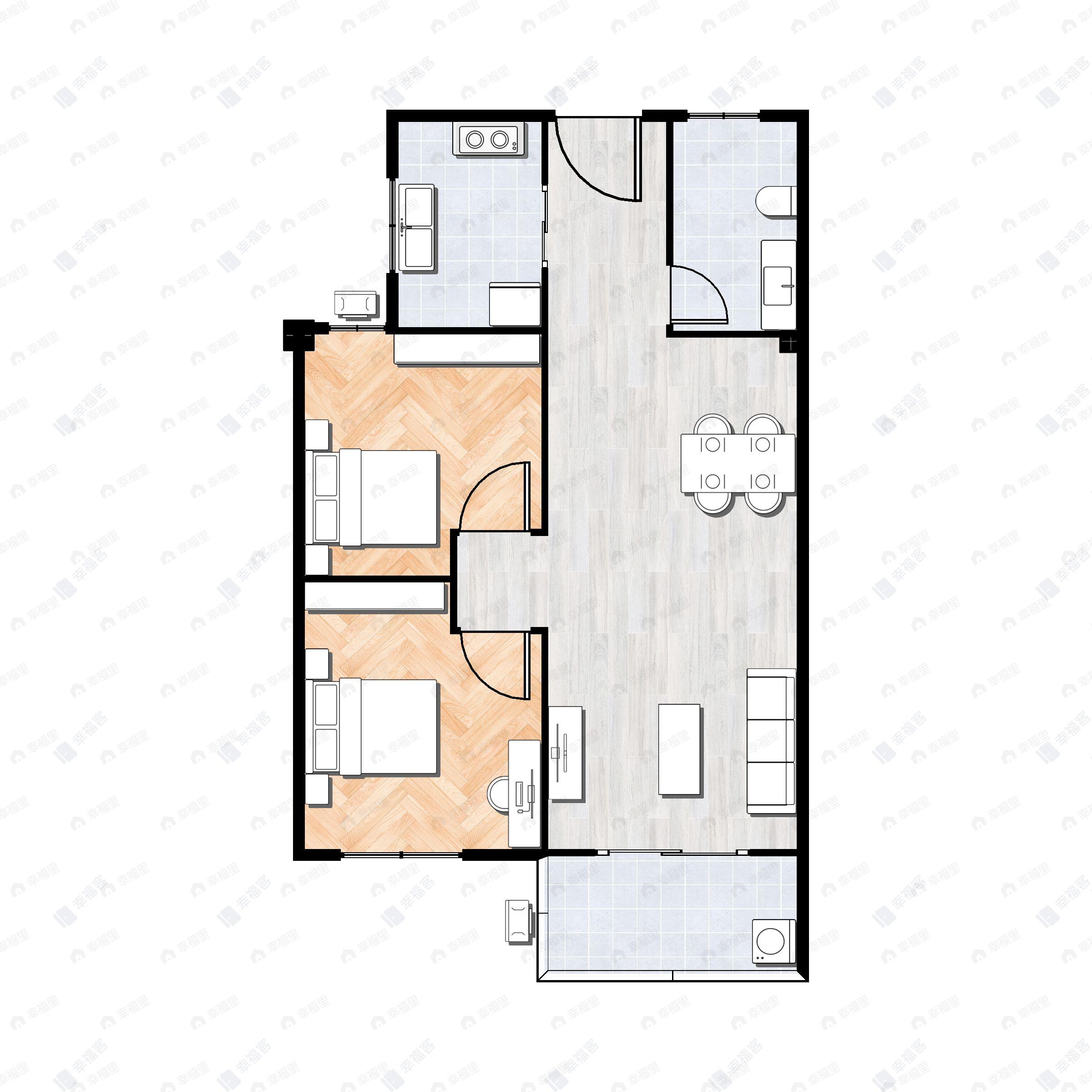 2室2厅1卫建面75平南户型图