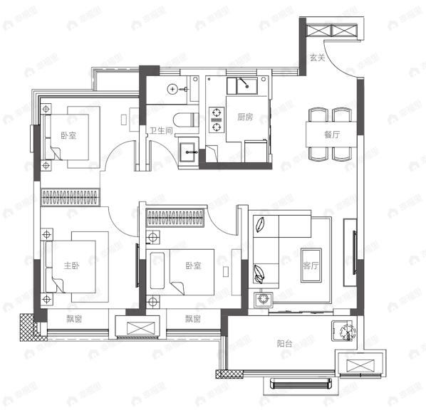 华地学府公园3室2厅1卫户型图