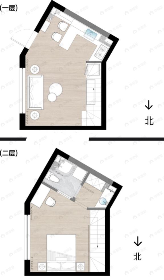 1室2厅1卫建面33m²东户型图