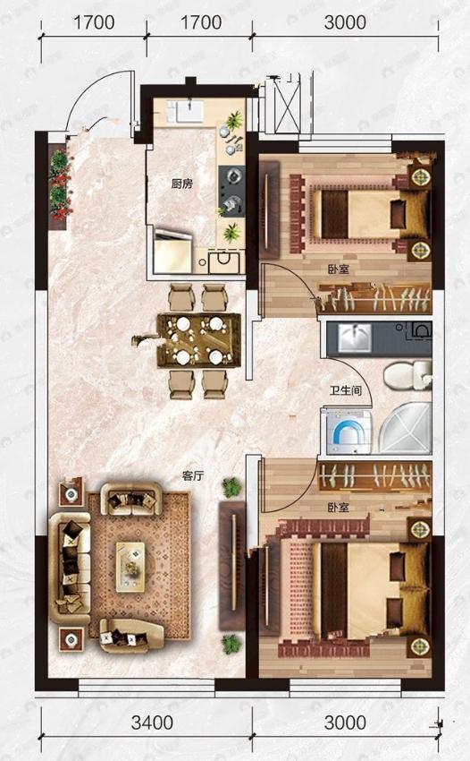 汇龙花溪半岛2室2厅1卫户型图