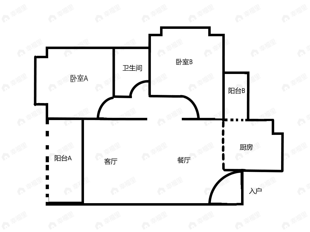 2室2厅1卫建面80平西|南户型图