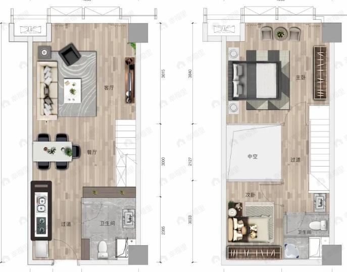 2室2厅2卫建面51平户型图