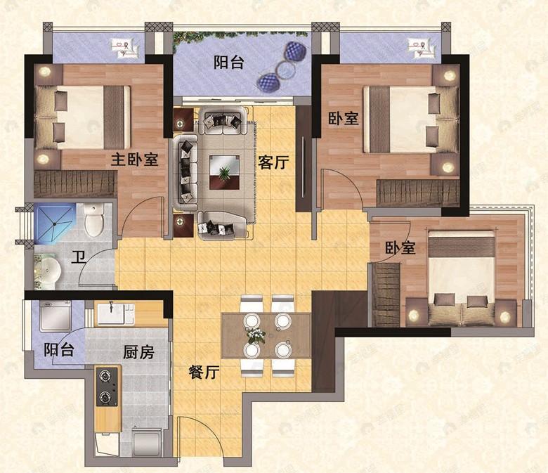 顺德保利中央公园3室2厅2卫户型图
