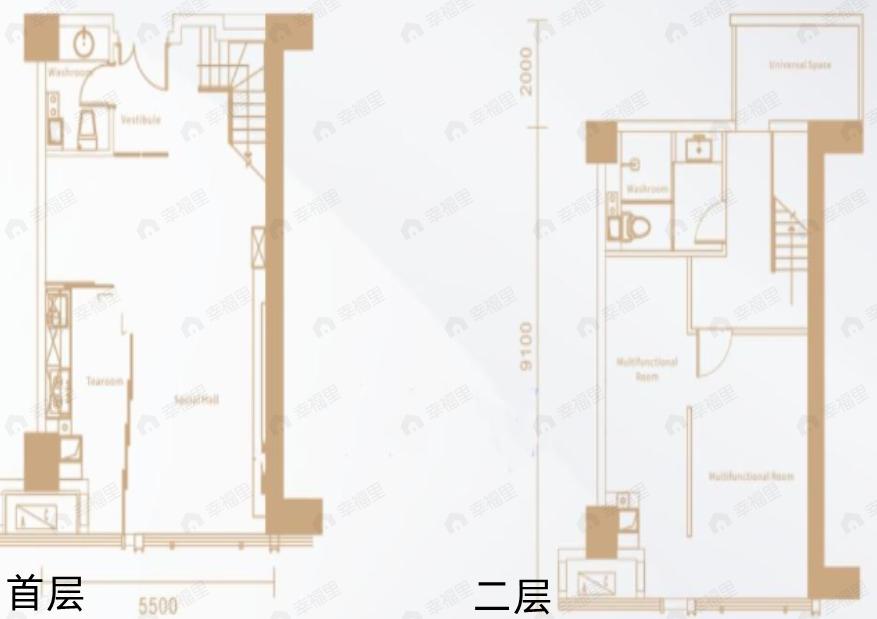 2室1厅2卫建面65平南户型图