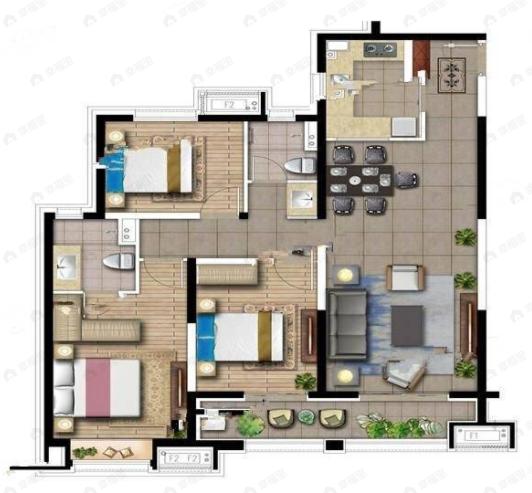 3室2厅2卫建面120m²北|南户型图