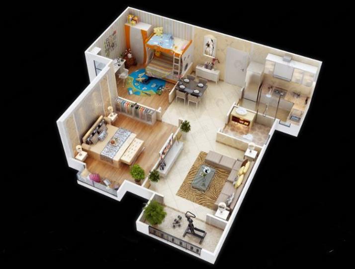 2室2厅1卫建面77m²南户型图