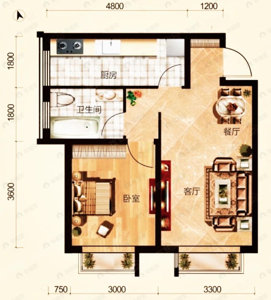 中广宜景湾尚城1室2厅1卫户型图