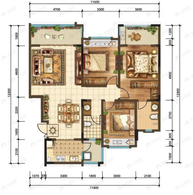 湄潭飞洋梦想城丨华府3室1厅2卫户型图