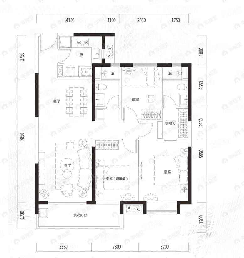 越秀逸府3室2厅2卫户型图