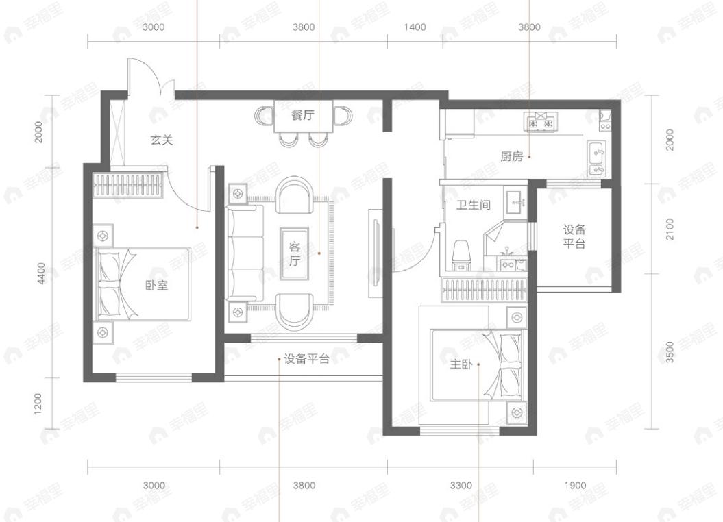 德港锦绣壹号2室1厅1卫户型图