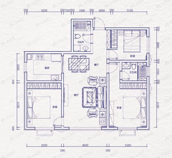 桃花苑3室2厅2卫户型图