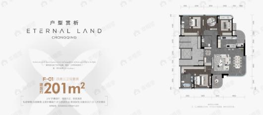 4室2厅3卫建面201平北|南户型图