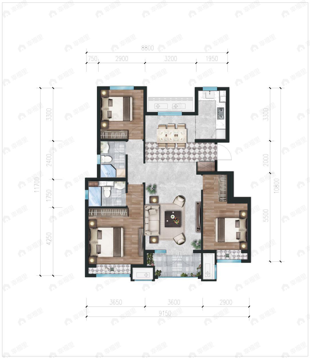 合景泰富天汇3室2厅2卫户型图
