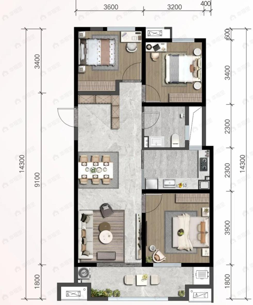 欢乐1003室2厅1卫户型图