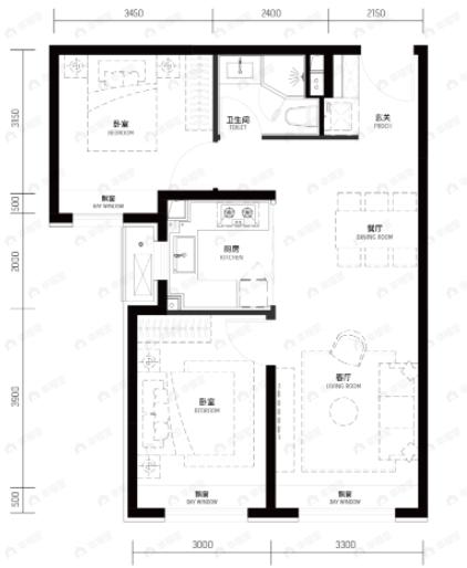 越秀·天玥2室2厅1卫户型图