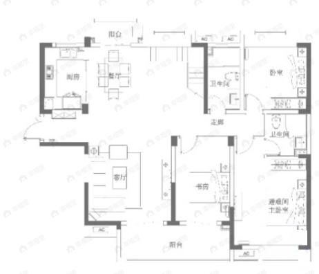 4室2厅3卫建面203平北|南户型图