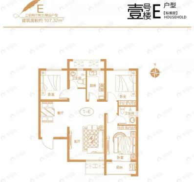 现代城嶺秀3室2厅2卫户型图