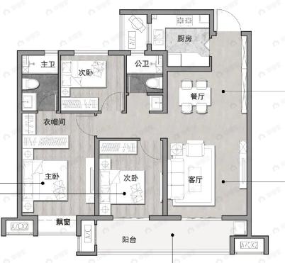 上坤碧桂园云起峰境3室2厅2卫户型图