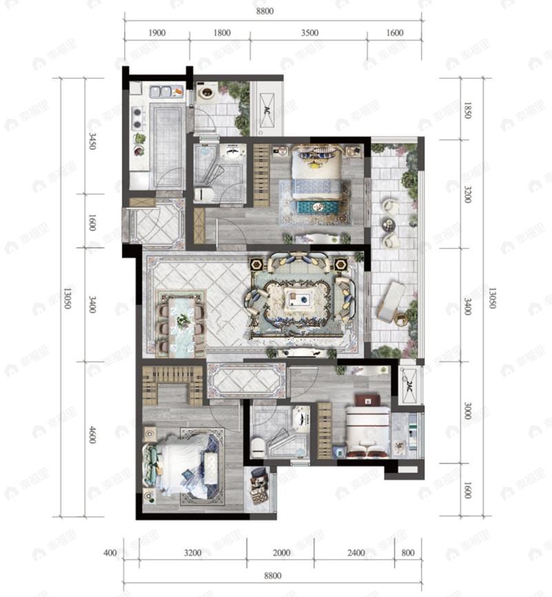 两江溪岸云蔚3室2厅2卫户型图