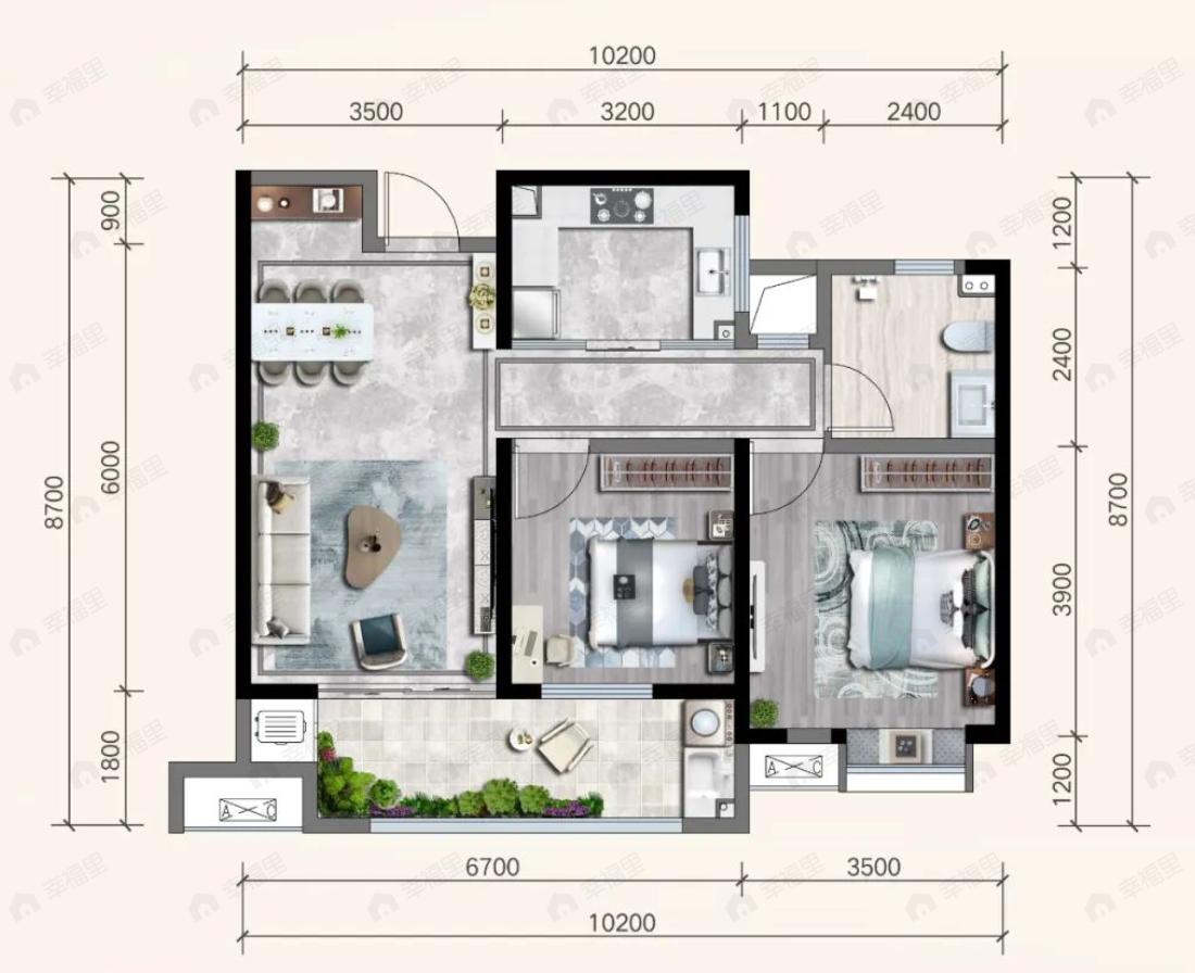 欢乐1002室2厅1卫户型图