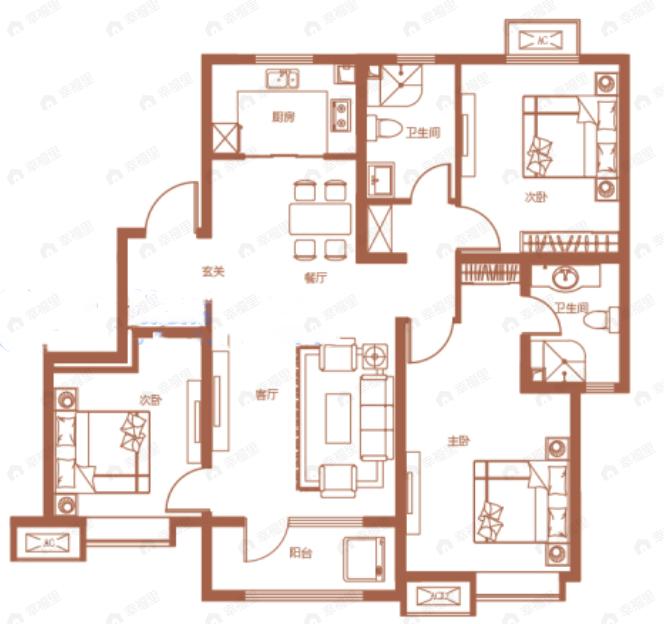 东昊骏璟学府3室2厅2卫户型图